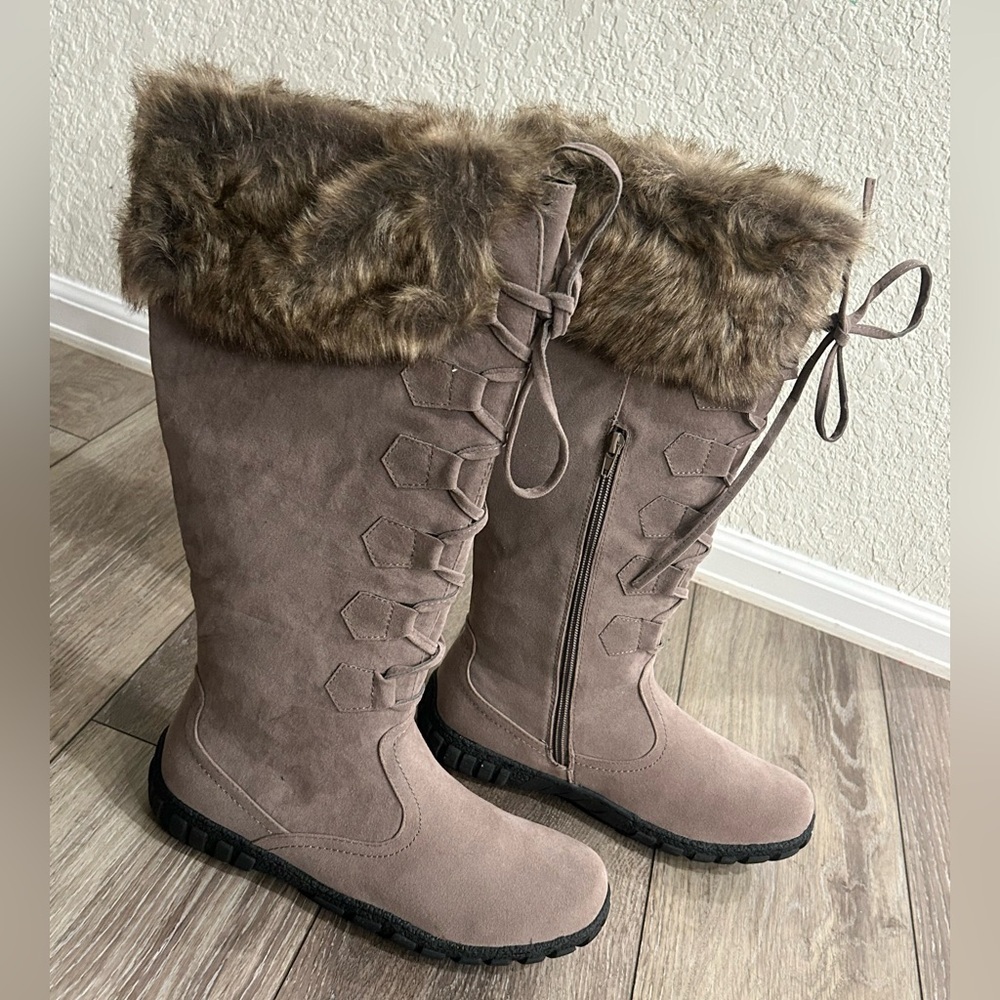 Faux-Fur Trim Taupe Winter Boots - Women's Tall Cold-Weather Boots